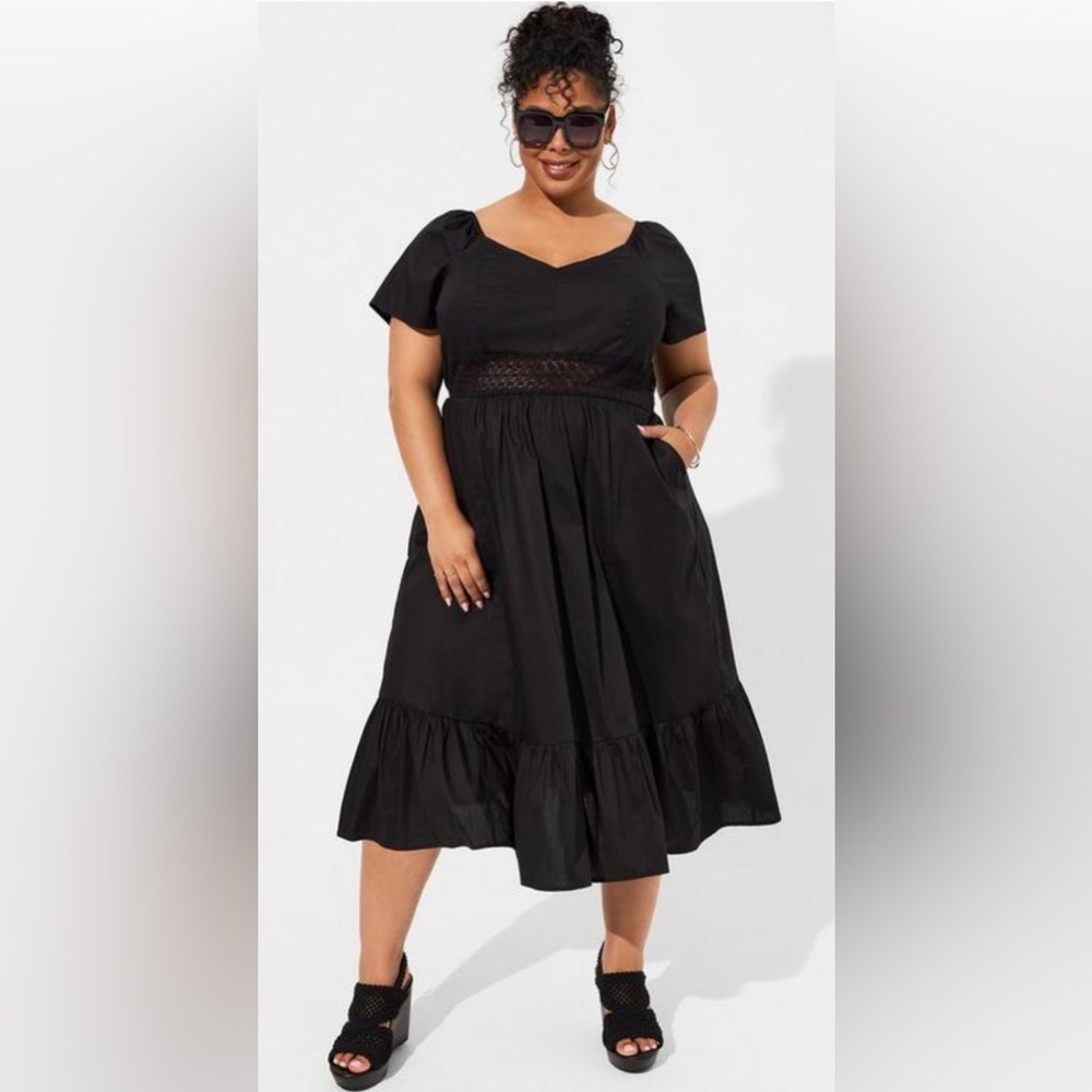 NEW Torrid Midi Poplin Sheer Waist Dress in Deep Black, Size 2 (18/20)